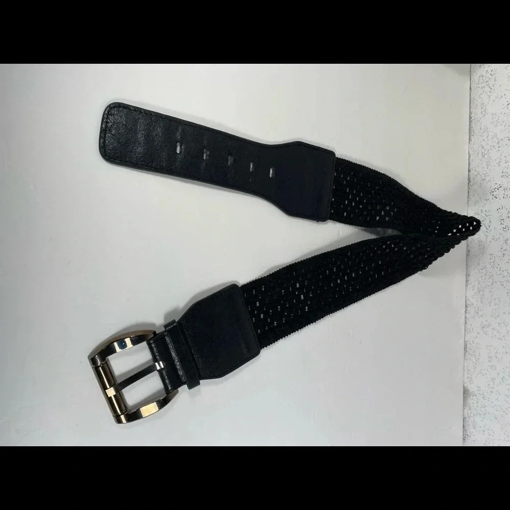 Black Stretch Belt with Faux Leather Front Buckle